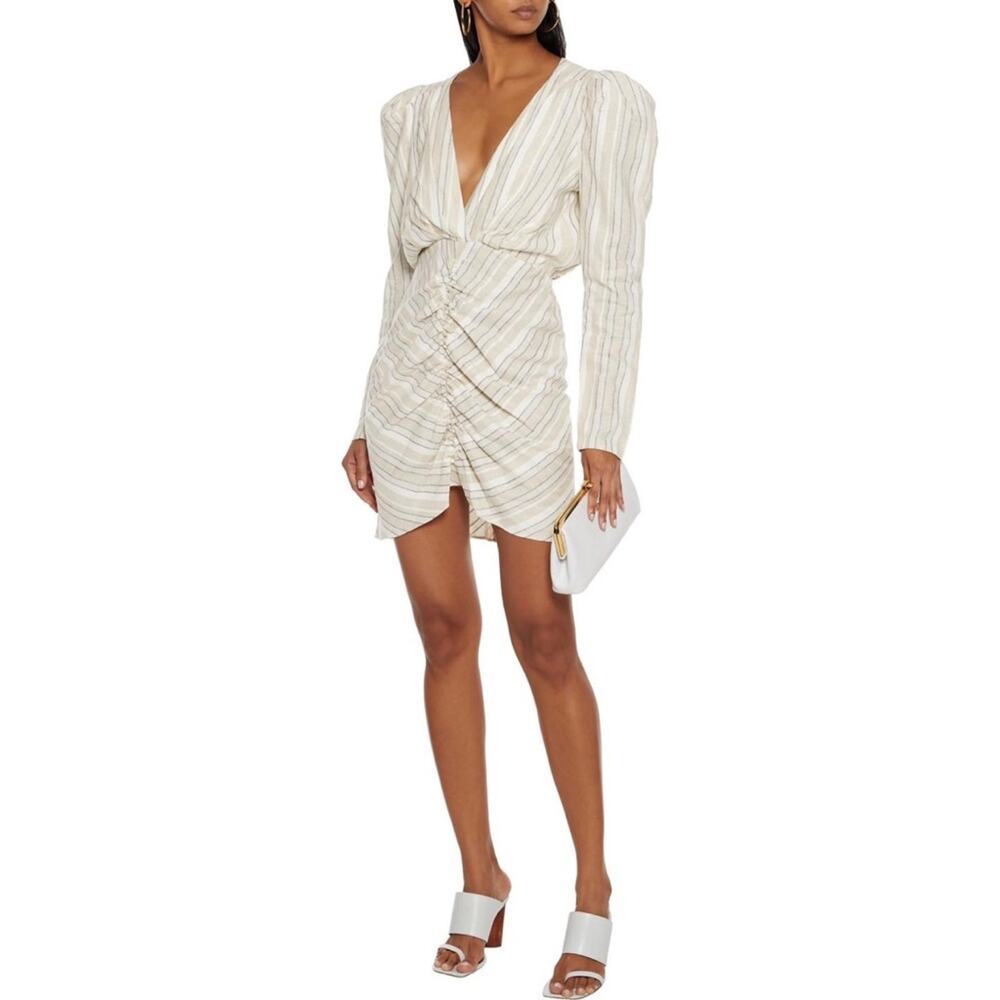 Ronny Kobo Joslyn Beige Striped Linen Blend Ruched Mini Dress Women’s Size XL